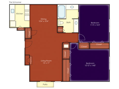 Floor plan for 2 beds, 1 bath, 950 sqft